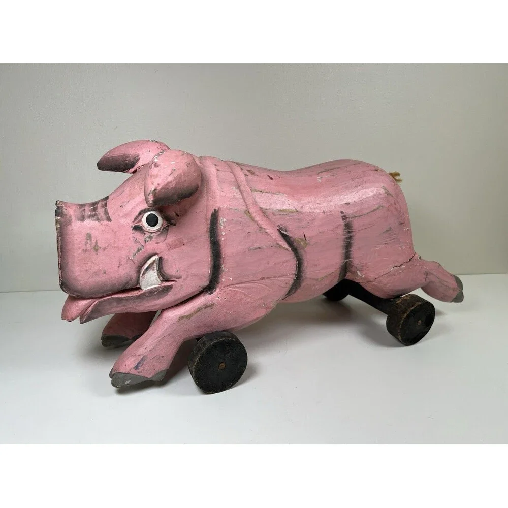 Vintage Handcrafted Carved Wooden Pig on Wheels Art Sculpture Statue Country